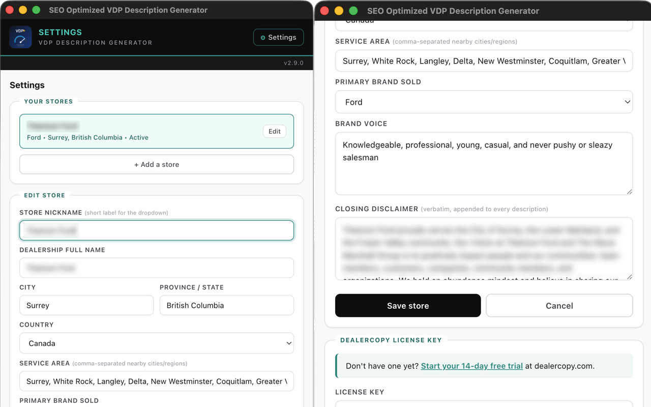 DealerCopy setup wizard. Dealer adds their store name, city, brand, brand voice, service area, and license key